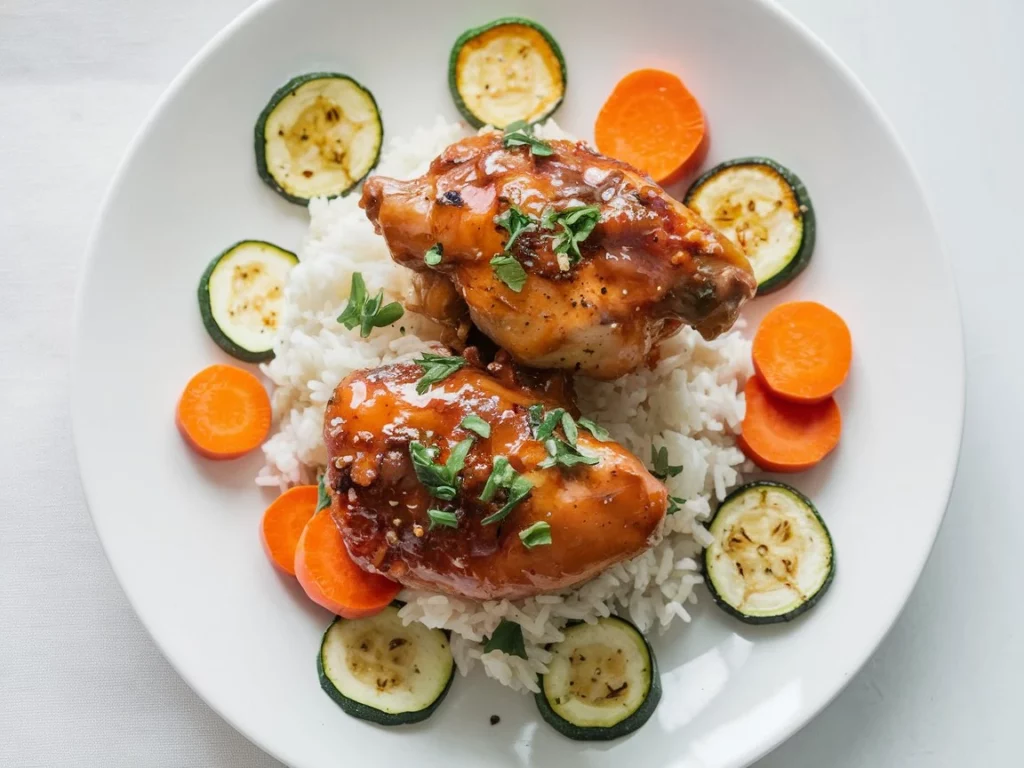A plate of food, prominently featuring two glazed chicken pieces resting on a bed of white rice surrounded by roasted sliced zucchini and carrots. The chicken appears to be cooked in a rich, sticky sauce with visible seasonings and garnished with chopped green herbs.