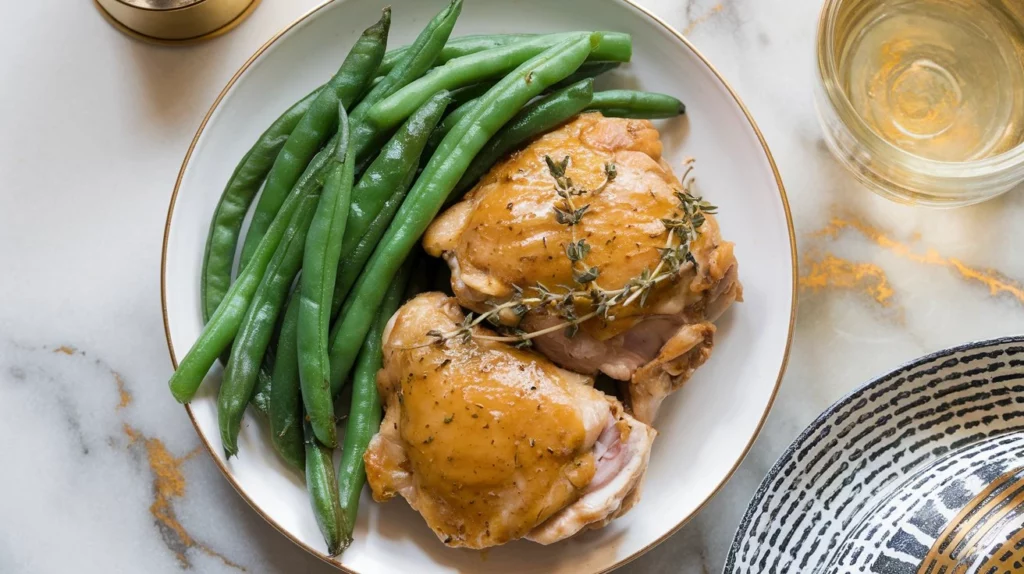 easy boneless skinless chicken thigh recipes baked topped with mustard served with green beans