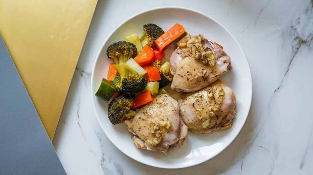 easy boneless skinless chicken thigh recipes baked smothered with garlic and onion and side of veggies