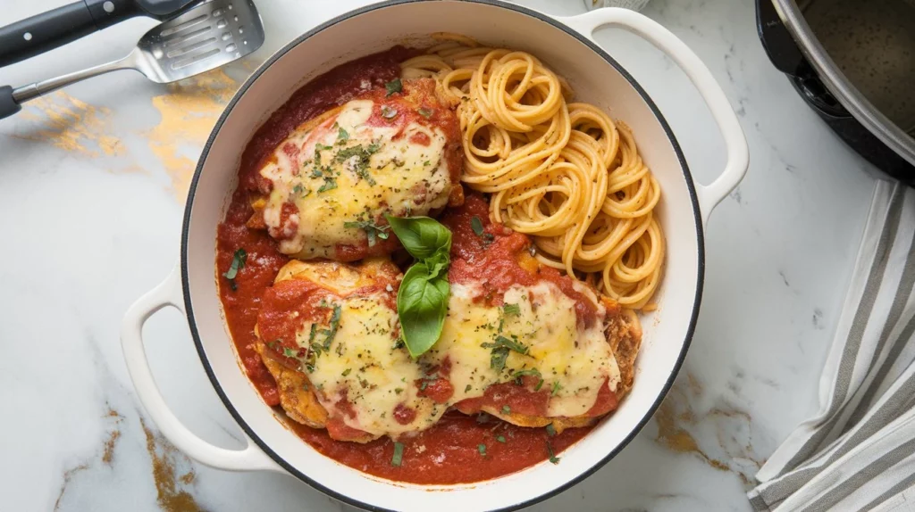 easy boneless skinless chicken thigh recipes baked smothered with marinara, melted cheese served with pasta