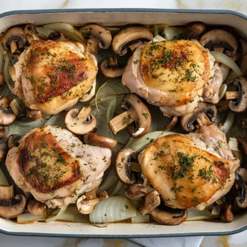 easy boneless skinless chicken thigh recipes baked smothered with sauteed mushrooms and onion