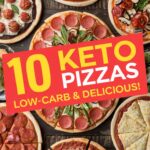 Top view of several freshly baked keto pizzas and text "10 Keto Pizzas, Low Carb & Delicious"