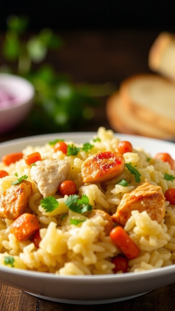 A bowl of chicken and rice with carrots and herbs