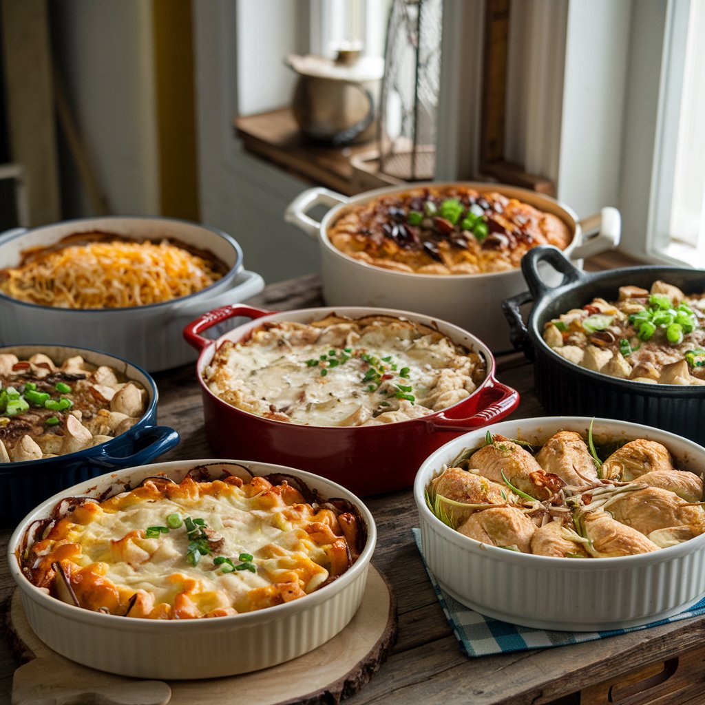 A variety of baked chicken casseroles in different dishes, showcasing golden melted cheese, creamy sauces, and fresh garnishes, arranged on a rustic wooden table.
