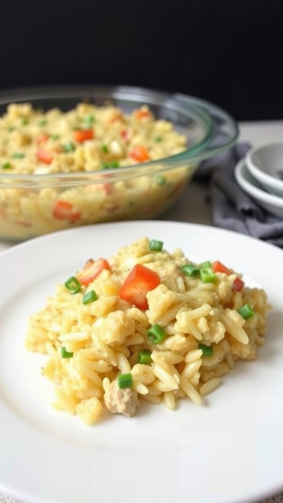 A plate of chicken rice casserole with orzo, diced tomatoes, and green onions.