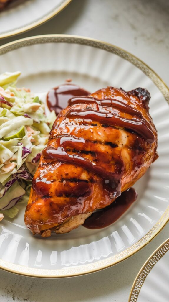Glazed BBQ chicken breast with grill marks, served on a white plate with a side of coleslaw and a drizzle of extra BBQ sauce. The setting includes a checkered napkin on a wooden surface.