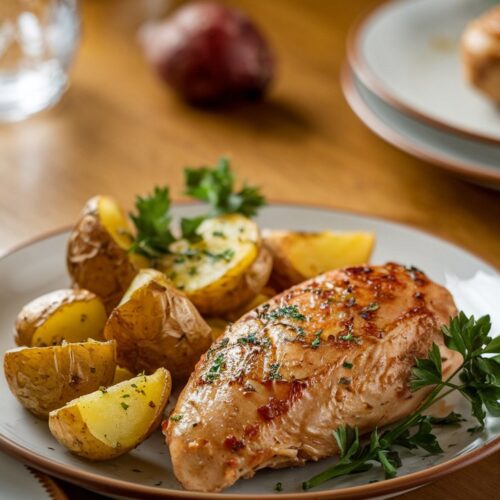 A plate of juicy air fryer chicken breast served alongside crispy, golden-brown baby potatoes, garnished with fresh parsley. The dish is placed on a warm wooden table.