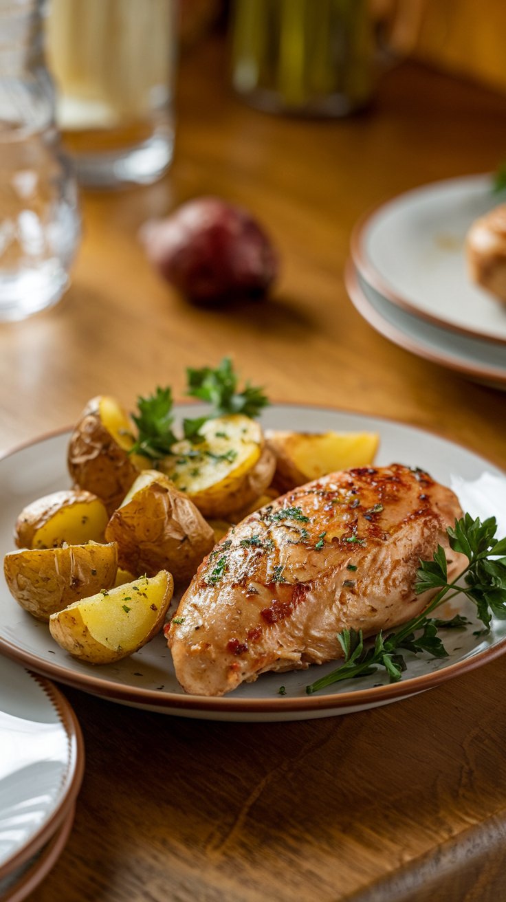 Air Fryer Chicken Breast with Potatoes A plate of juicy air fryer chicken breast served alongside crispy, golden-brown baby potatoes, garnished with fresh parsley. The dish is placed on a warm wooden table.