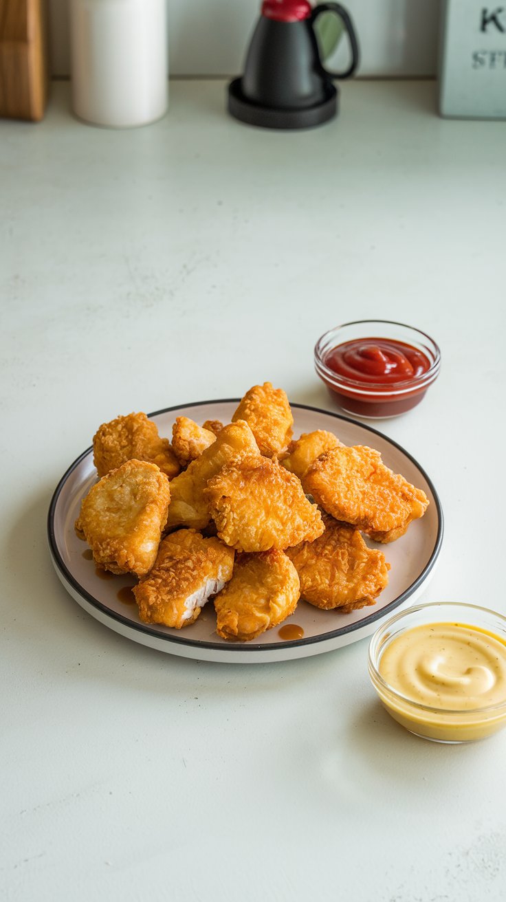 Air Fryer Chicken Nuggets A plate of crispy, golden-brown air fryer chicken nuggets arranged neatly with small bowls of ketchup and honey mustard for dipping. The plate sits on a clean, modern kitchen countertop.