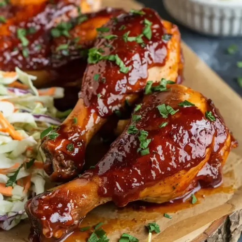 BBQ-glazed air fryer chicken legs with a thick, glossy sauce, garnished with chopped parsley. The dish is served on a rustic wooden board with a side of coleslaw.