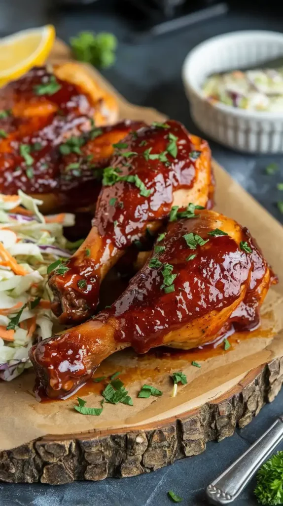 BBQ-glazed air fryer chicken legs with a thick, glossy sauce, garnished with chopped parsley. The dish is served on a rustic wooden board with a side of coleslaw.