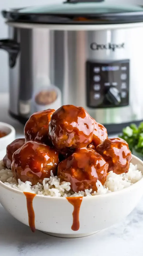 A bowl of glossy BBQ meatballs, coated in a smoky-sweet sauce, served with toothpicks for easy snacking. The sauce drips slightly for an irresistible look.