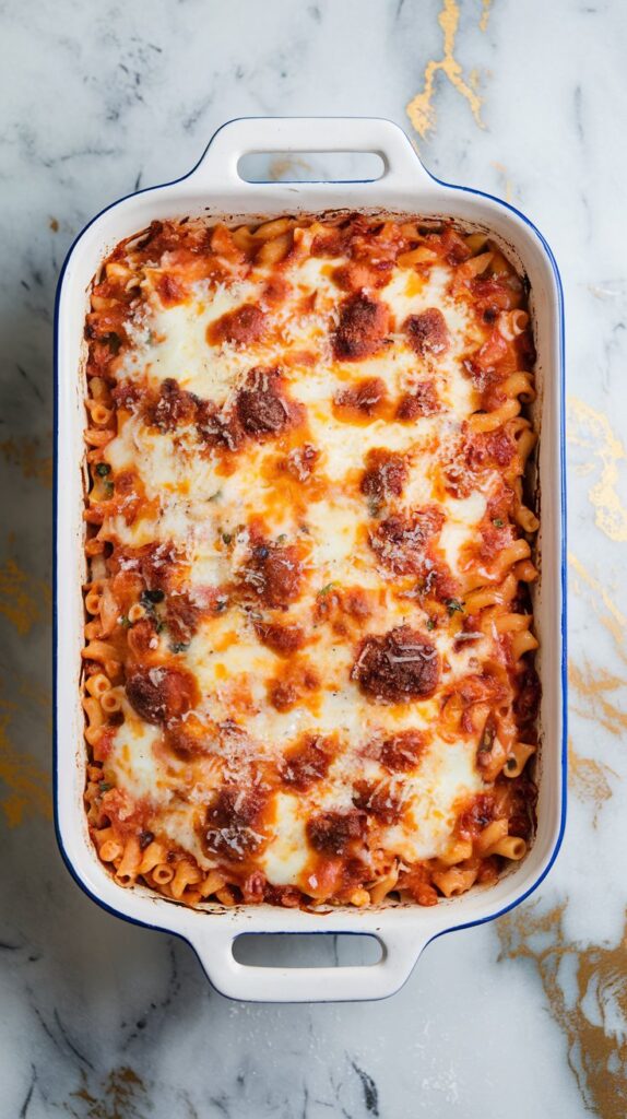 A bubbling, cheesy baked ziti with ricotta, topped with melted mozzarella and a sprinkle of Parmesan, served in a white ceramic baking dish. The dish sits on a white marble counter with hints of gold and gray, under natural lighting, taken in a top-down blogger-style shot.