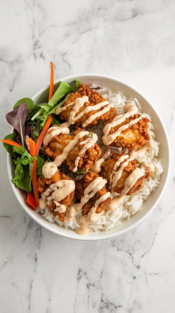 Crispy golden chicken pieces drizzled with creamy bang bang sauce, served over rice with a side of fresh greens. White marble counter, top-down shot.