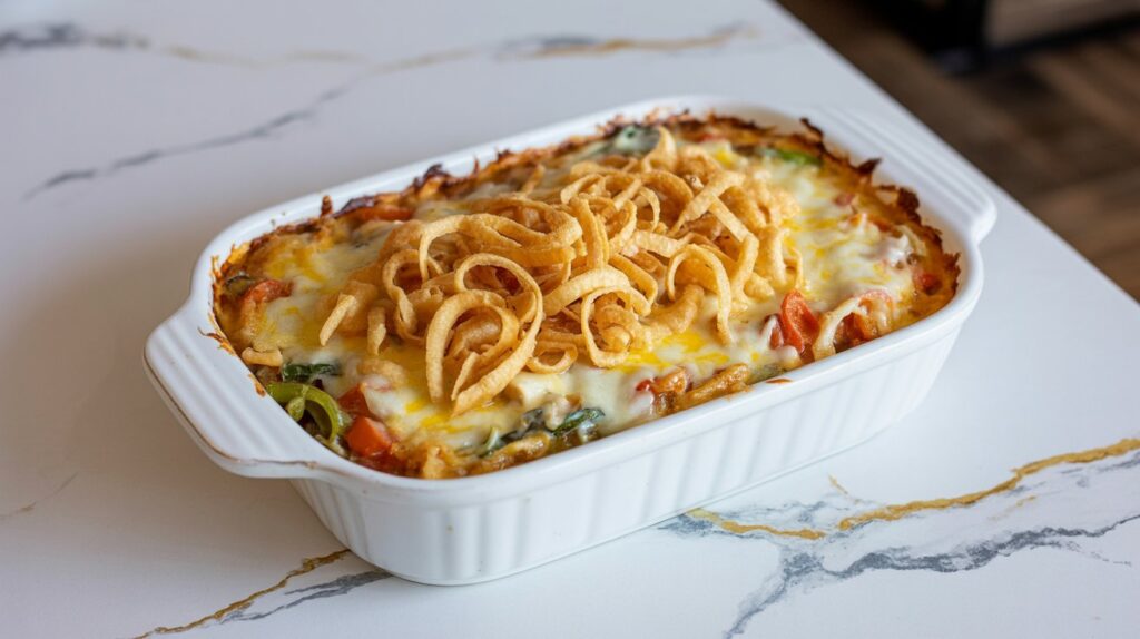 Oblong white ceramic baking dish with hobo casserole, beef and cheesy topping fried onion garnish