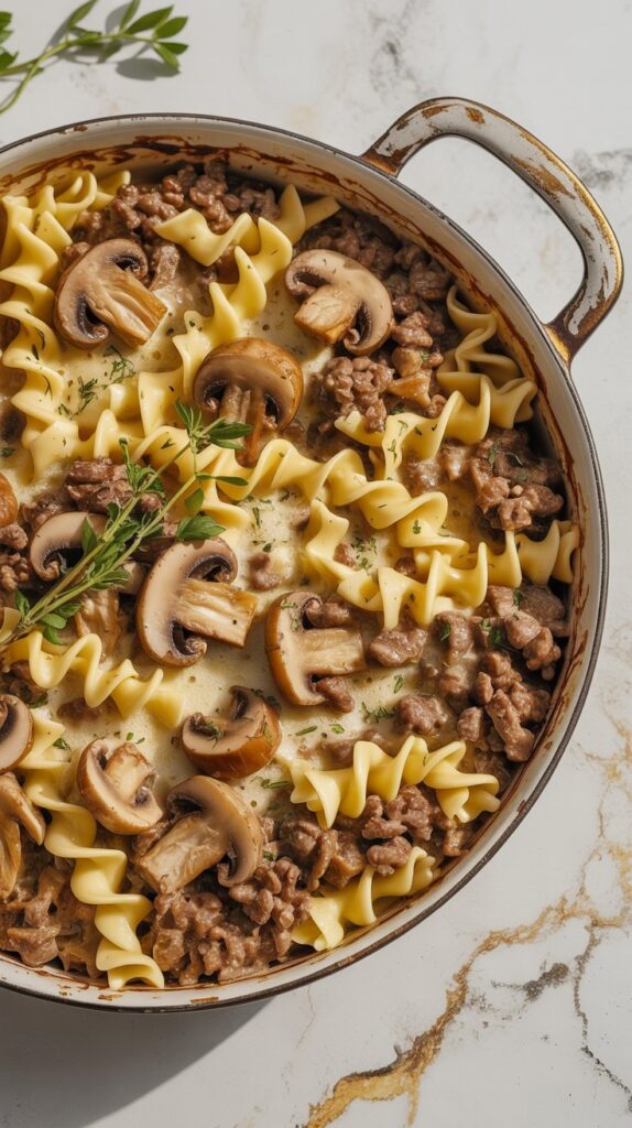 a round dish of beef stroganoff with creamy sauce, sliced mushrooms, egg noodles, ground beef