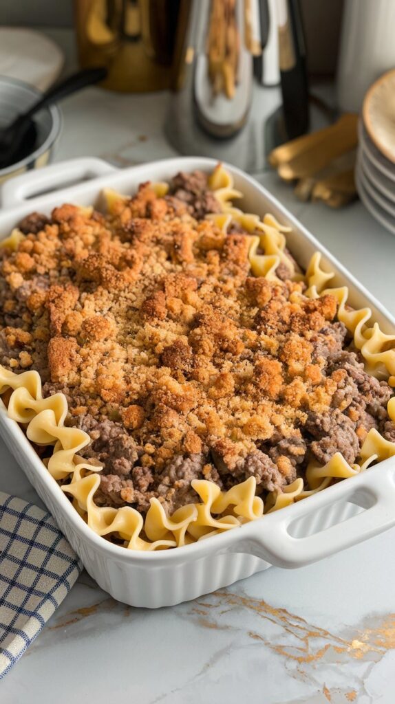 A cheesy Beef Stroganoff Pasta Bake with egg noodles, ground beef, and a creamy mushroom sauce, topped with golden breadcrumbs. The dish is in a white ceramic baking dish on a white marble counter with hints of gold and gray, under soft natural lighting.