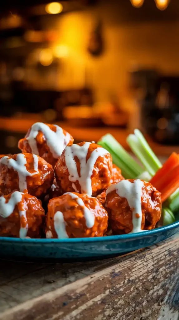 Spicy buffalo meatballs glistening with sauce, arranged on a serving plate with a drizzle of ranch dressing. A side of celery and carrot sticks adds a fresh contrast. The plate rests on a rustic wooden surface, with a blurred background of a cozy kitchen under warm lighting.