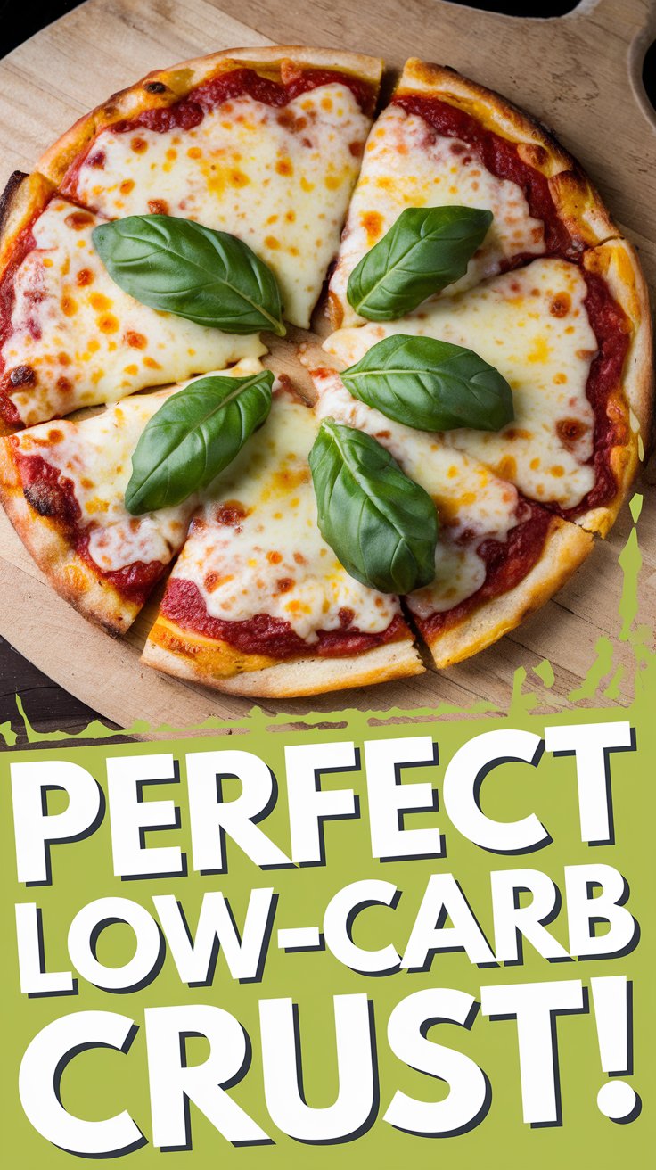 Carbquik Keto Pizza Image of a keto pizza made with a Carbquik crust, topped with melted cheese and fresh basil.