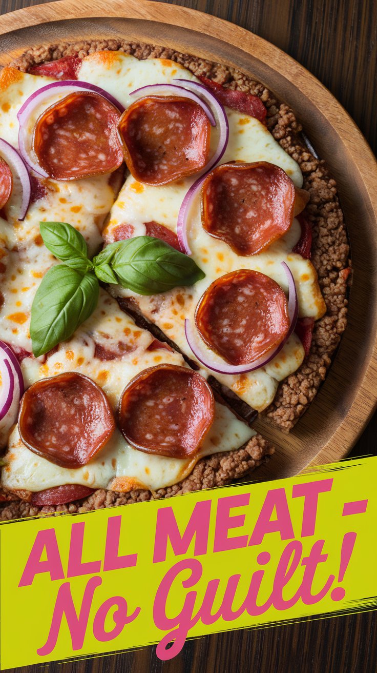 Carnivore Keto Pizza Image of a carnivore keto pizza with a ground beef crust, melted cheese, and crispy pepperoni on a wooden platter.