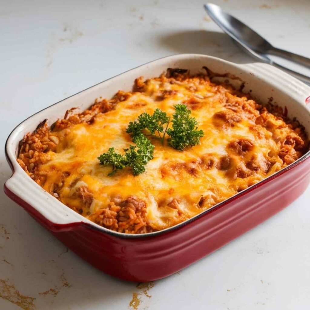 red baking dish filled with a casserole of ground beef and topped with melted cheese