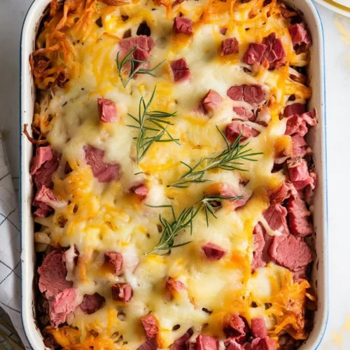 A golden, cheesy corned beef hash casserole in a white baking dish, with crispy edges and melty cheese on top. White marble counter with hints of gold and gray.