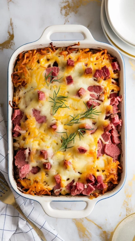 A golden, cheesy corned beef hash casserole in a white baking dish, with crispy edges and melty cheese on top. White marble counter with hints of gold and gray.