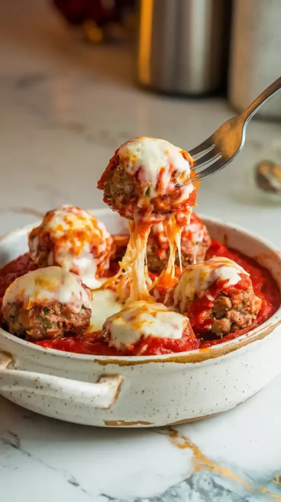 A dish of juicy meatballs smothered in a rich, vibrant tomato sauce, topped with melted mozzarella and Parmesan cheese. The cheese is bubbly and slightly golden, stretching as a fork lifts a meatball. The dish is served in a rustic white ceramic bowl on a white marble countertop with hints of gold and gray, under warm natural lighting.