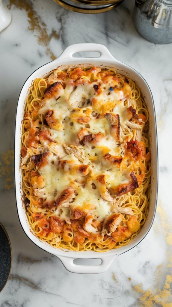 A creamy, golden-brown Chicken Tetrazzini with spaghetti, shredded chicken, and melted cheese in a white casserole dish. The dish is placed on a white marble counter with hints of gold and gray, under soft natural lighting in a top-down blogger-style shot.