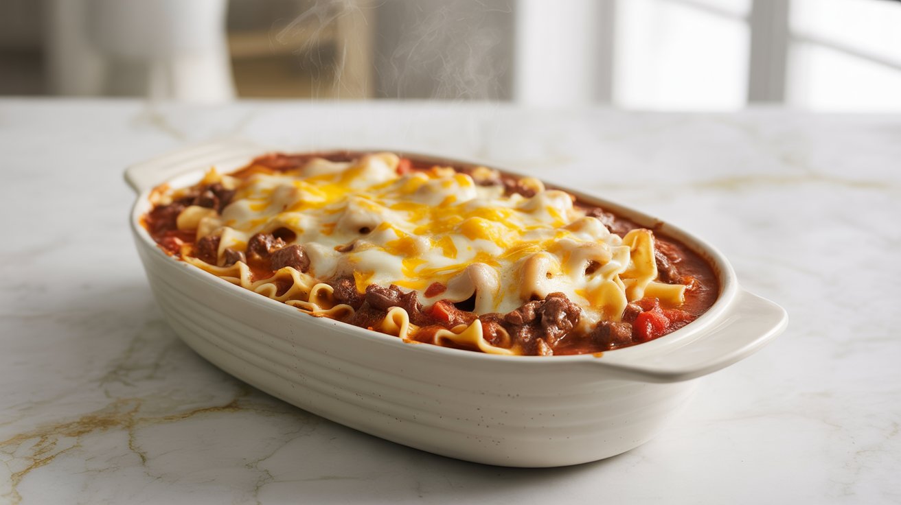 Classic beef and noodle bake in a white oblong ceramic baking dish, topped with bubbly melted cheddar cheese, golden brown edges, tender egg noodles peeking through a rich tomato beef sauce