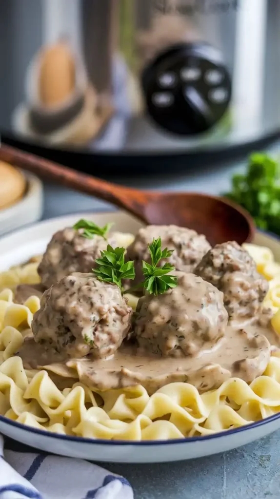 A plate of Swedish meatballs drenched in creamy gravy, served over buttered egg noodles, garnished with fresh parsley. A rustic wooden spoon resting on the side.