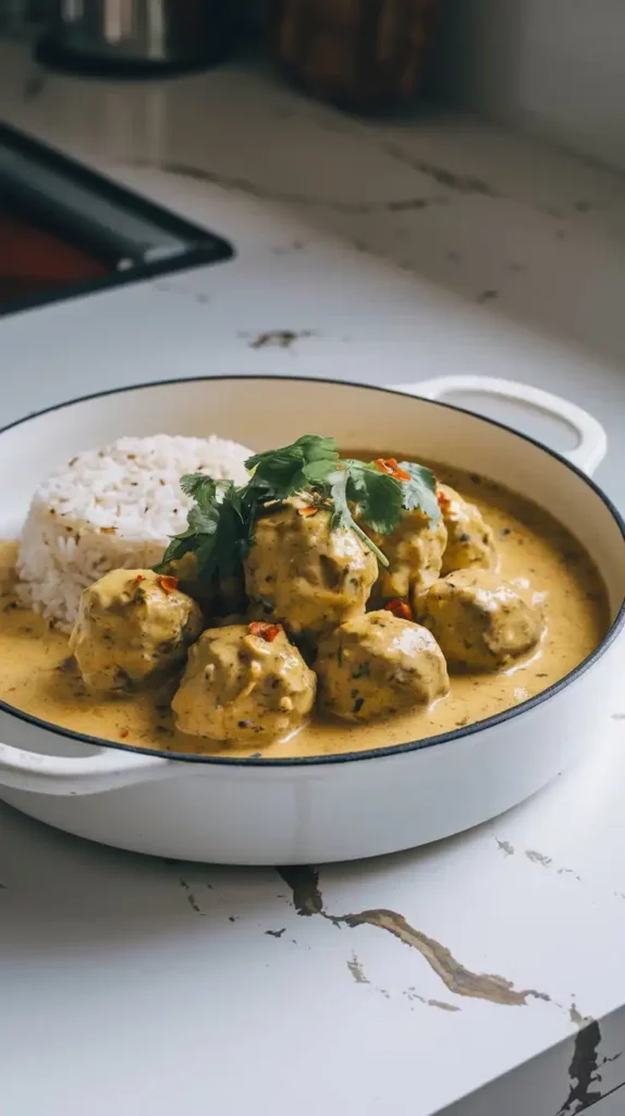 Tender meatballs bathed in a creamy, golden coconut curry sauce, served in a deep dish with a side of jasmine rice. Garnished with fresh cilantro and red pepper flakes for a vibrant touch. The dish sits on a neutral-toned plate on a wooden table, with a softly lit kitchen in the background.