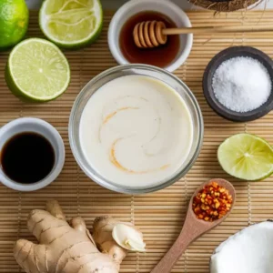 Smooth and creamy sauce presented in a small, glass bowl, showcasing its light, silky texture with a faint off-white color indicative of coconut milk.