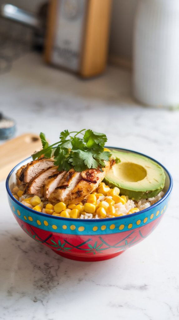 A colorful bowl with grilled chicken, sweet corn, and avocado slices over fluffy rice, garnished with fresh cilantro. White marble counter, soft natural lighting.