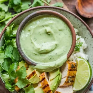 A smooth, green cilantro sauce in a rustic bowl, surrounded by fresh cilantro leaves, a sliced lime, and a wooden spoon.
