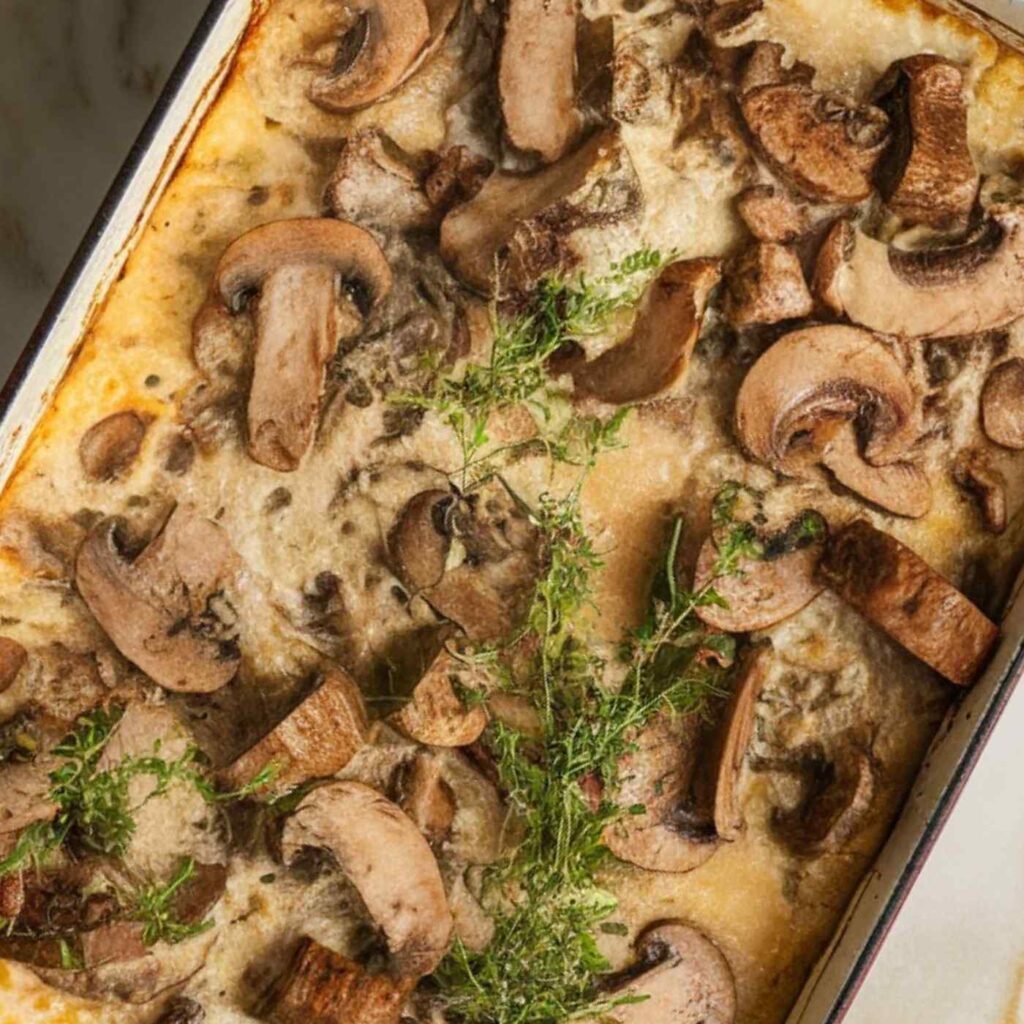 mushrooms in sauce in a red baking dish