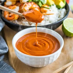 A vibrant orange coconut sriracha sauce in a white dipping bowl, with a smooth, creamy texture.