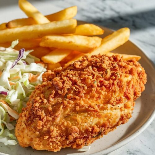 A golden, crispy air fryer chicken breast with a breadcrumb coating, served with coleslaw and crispy fries on a white plate. The dish is placed on a marble countertop with soft shadows.