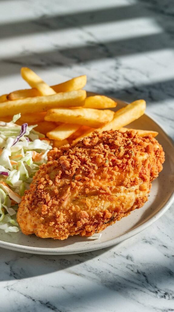 A golden, crispy air fryer chicken breast with a breadcrumb coating, served with coleslaw and crispy fries on a white plate. The dish is placed on a marble countertop with soft shadows.