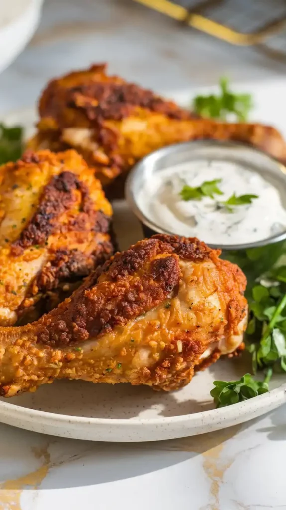 A close-up of crispy air fryer chicken drumsticks with a golden brown crust, served on a white plate with a side of ranch dipping sauce. The plate is on a white marble counter with hints of gold and gray, under natural lighting.