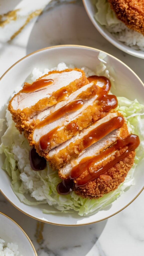 A top-down blogger-style shot of a crispy, golden-brown chicken katsu sliced into strips, drizzled with tonkatsu sauce, and served over fluffy white rice with shredded cabbage. Natural lighting, white marble counter with hints of gold and gray.
