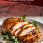 A close-up of a golden, crispy air fryer chicken breast sliced to reveal a juicy interior. The dish is garnished with fresh herbs and served on a clean white plate, placed on a marble counter under soft lighting. Overlay text in BOLD ALL CAPS reads "CRISPY, JUICY & FOOLPROOF Try These Air Fryer Recipes!"