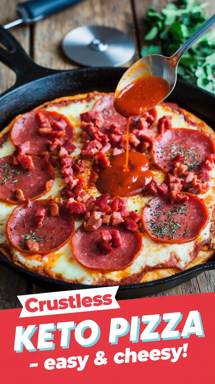Crustless Keto Pizza A close-up shot of a golden, crispy cheese base topped with sizzling pepperoni slices, crumbled bacon, and sausage in a black cast-iron skillet. The background features a rustic wooden kitchen counter with a pizza cutter and fresh herbs nearby. Large, bold text overlay in vibrant red and white reads: "Crustless Keto Pizza – Easy & Cheesy!"