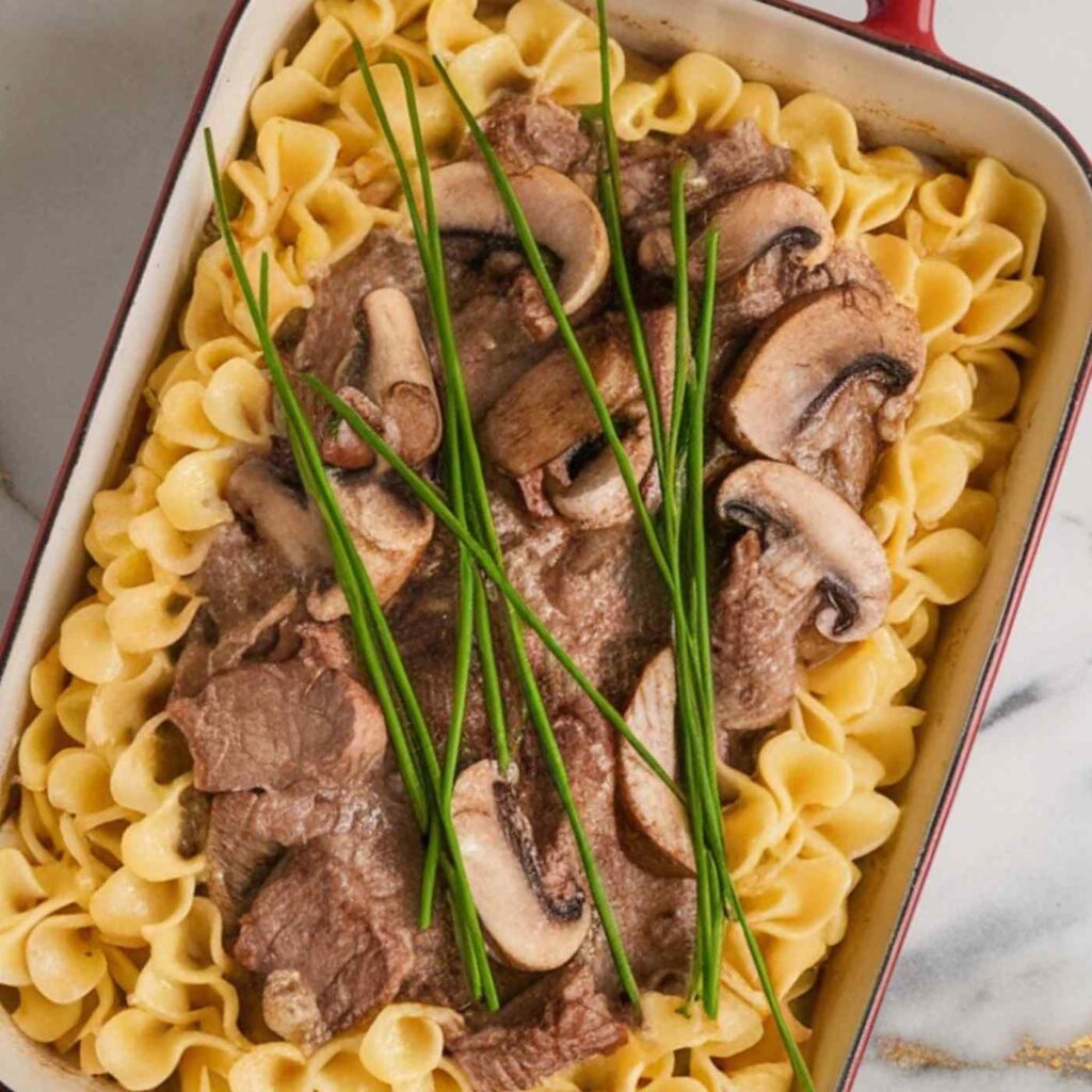 beef stroganoff casserole in red baking dish with egg noodles around the dish and garnished with green onion