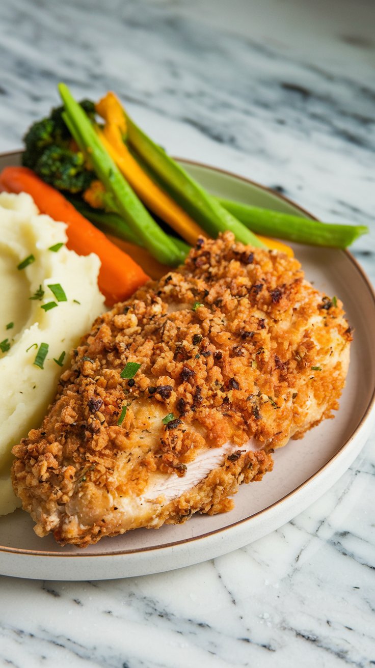 A golden, extra crispy air fryer chicken breast with a crunchy breadcrumb coating, served with mashed potatoes and steamed vegetables on a white plate. The meal is set on a marble countertop.