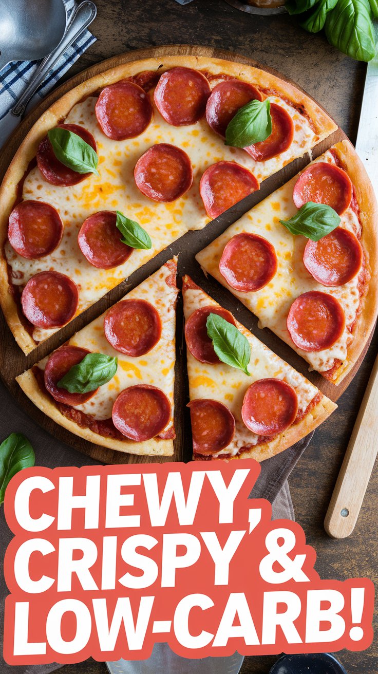 Fathead Keto Pizza Image of a golden Fathead pizza crust topped with classic pepperoni and cheese.