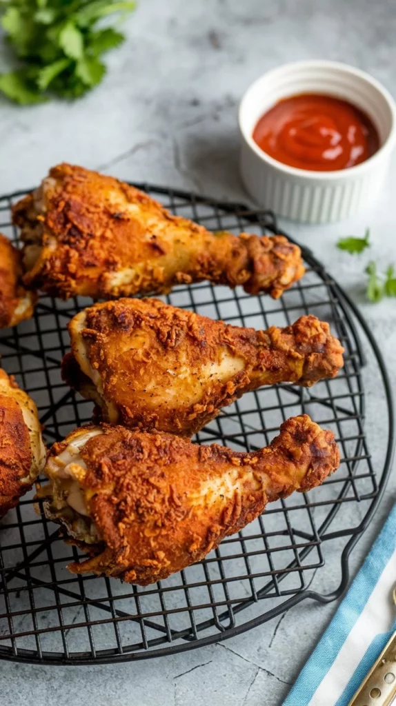 Fried-style air fryer chicken legs with a crispy, crunchy exterior, placed on a wire rack with a small bowl of hot sauce on the side.