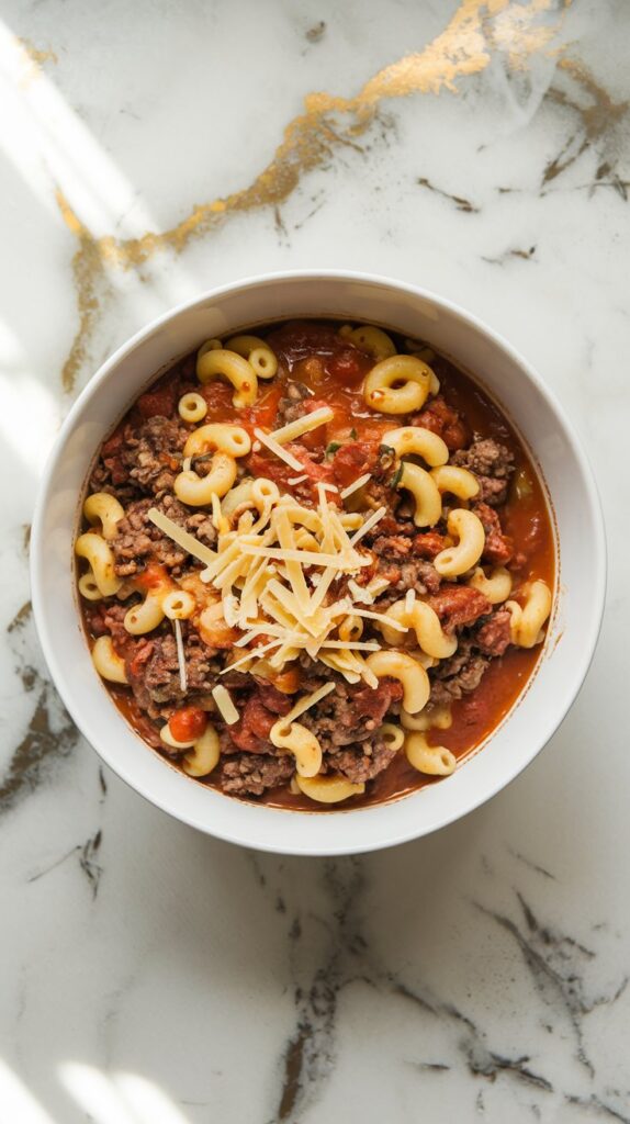 A hearty American goulash in a white bowl, featuring elbow macaroni, ground beef, and a rich tomato sauce, garnished with shredded cheese. The bowl is placed on a white marble counter with hints of gold and gray, under natural lighting with soft shadows in a top-down blogger-style shot.