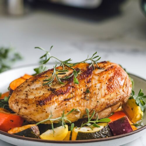 A golden-brown air fryer chicken breast garnished with fresh herbs, served with roasted vegetables on a white plate. The plate sits on a white marble counter under natural lighting.