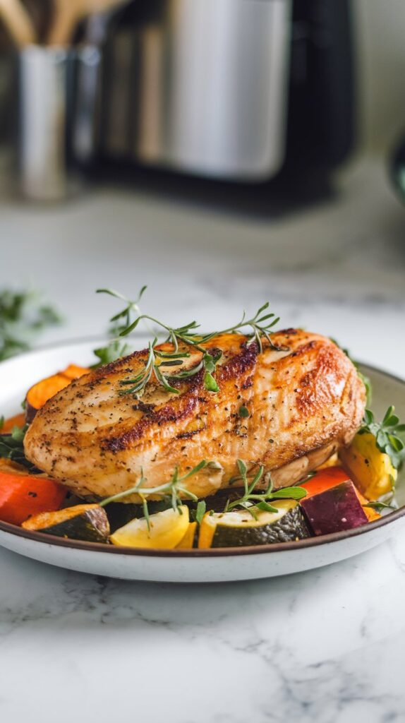 A golden-brown air fryer chicken breast garnished with fresh herbs, served with roasted vegetables on a white plate. The plate sits on a white marble counter under natural lighting.